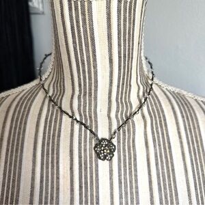 Vintage 90s Pewter Tone Rhinestone Flower Torque Necklace with Beaded Accents